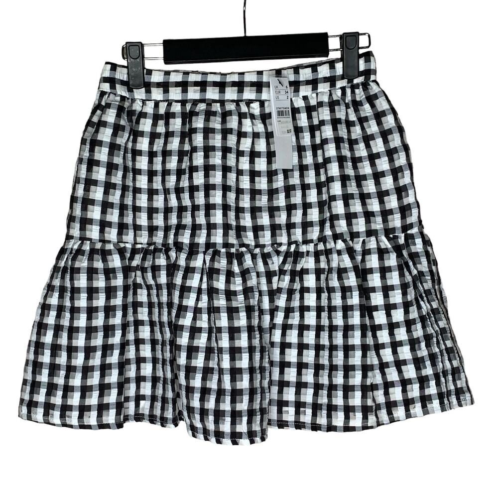 NEW Topshop Mini Skirt Size 2 Plaid Seersucker Gingham Checkerboard Ruffle Black